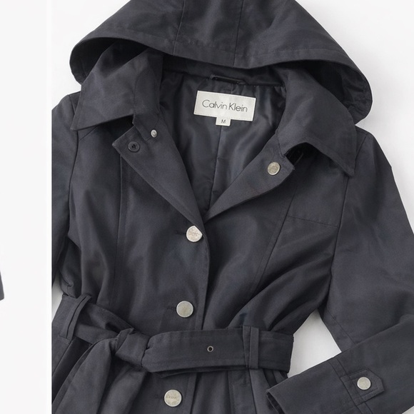 Calvin Klein Jackets & Blazers - Calvin Klein Hooded Trench Coat Belted Black Cotton Blend Jacket Womens M